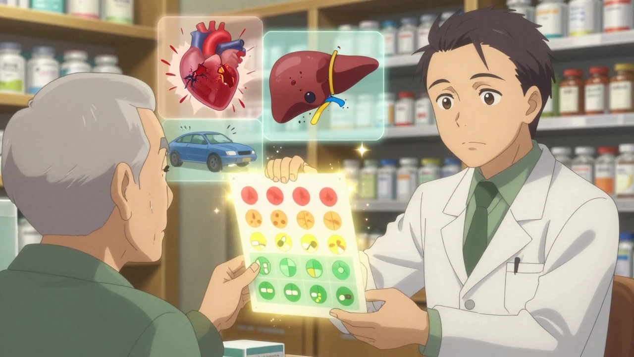 An elderly patient receives a color-coded medication chart from a pharmacist, with floating scenes of dangerous interactions behind them.