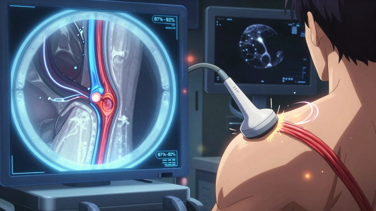 An MRI and ultrasound side-by-side displaying detailed images of a torn shoulder tendon in animated holograms.