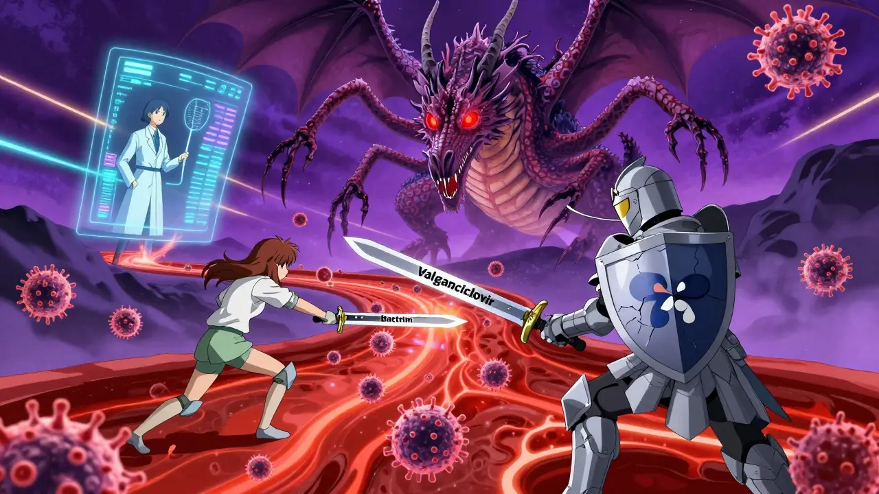 Armored knights battle a viral dragon inside a bloodstream, with a doctor monitoring a hologram.