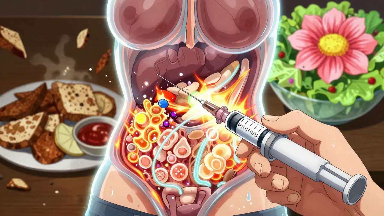 Close-up of a weekly injection pen activating metabolic changes inside the body, with glowing fat cells and energy pathways.