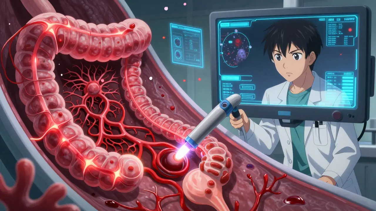 Colonoscopy with glowing angiodysplasia vessels and AI-enhanced highlights on a medical screen.