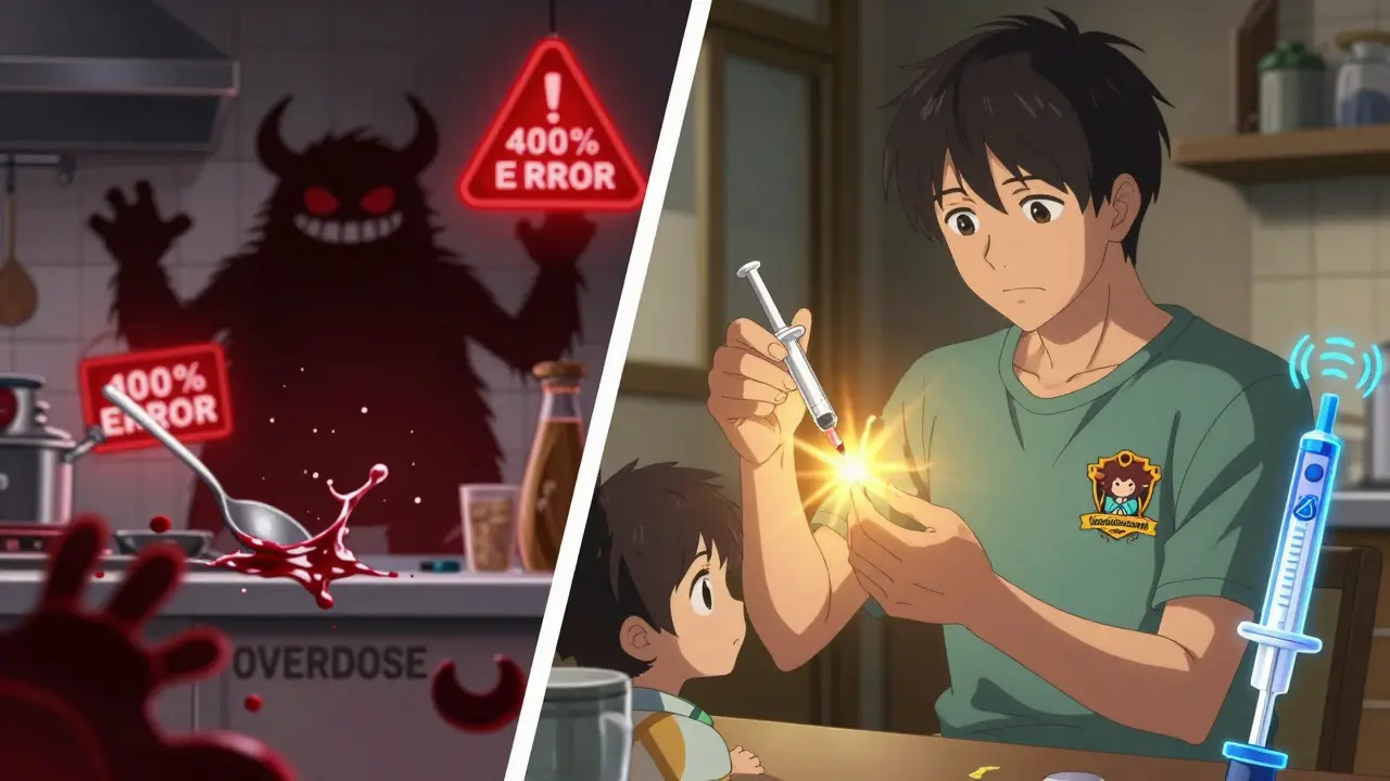 Contrast between dangerous inaccurate dosing with spoon and safe precise syringe use.