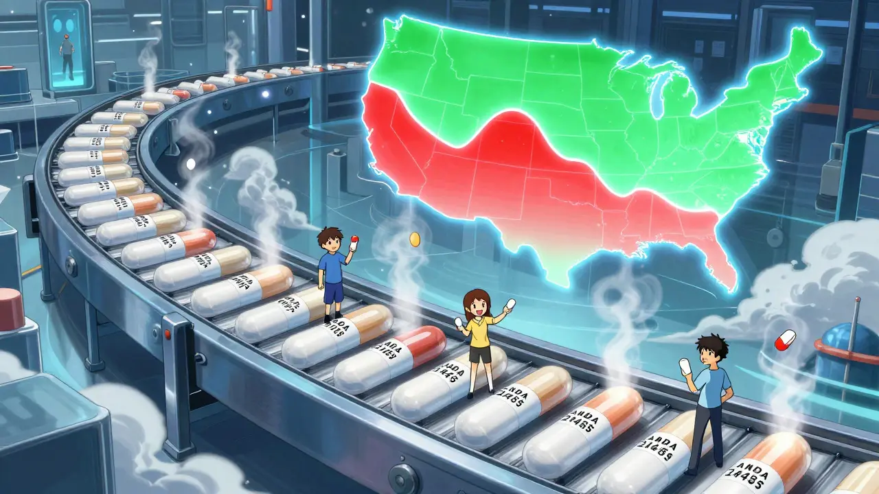Conveyor belt of pills with ANDA numbers, U.S. map glowing with savings waves, families smiling below.