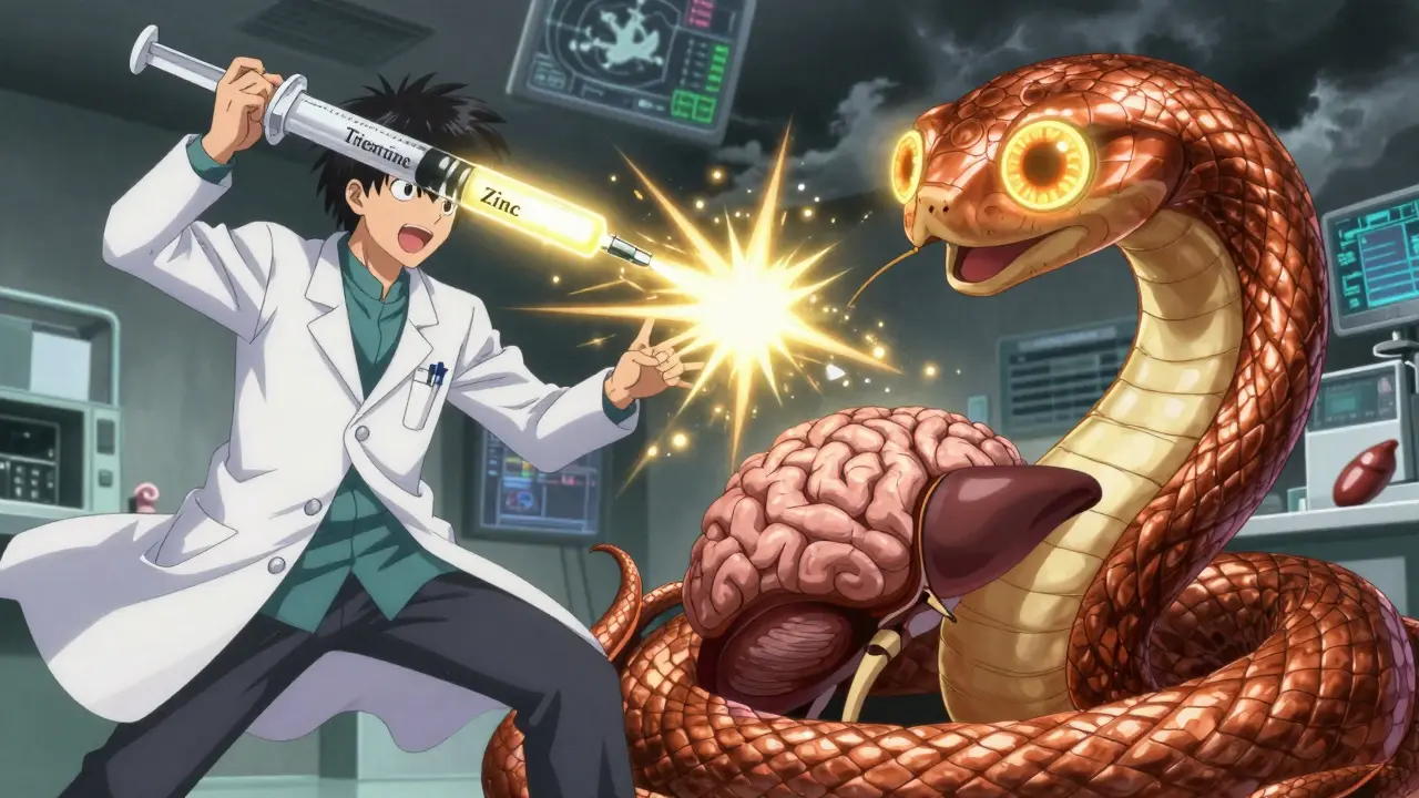 Doctor fighting copper serpent with chelation therapy energy, Kayser-Fleischer rings glowing.