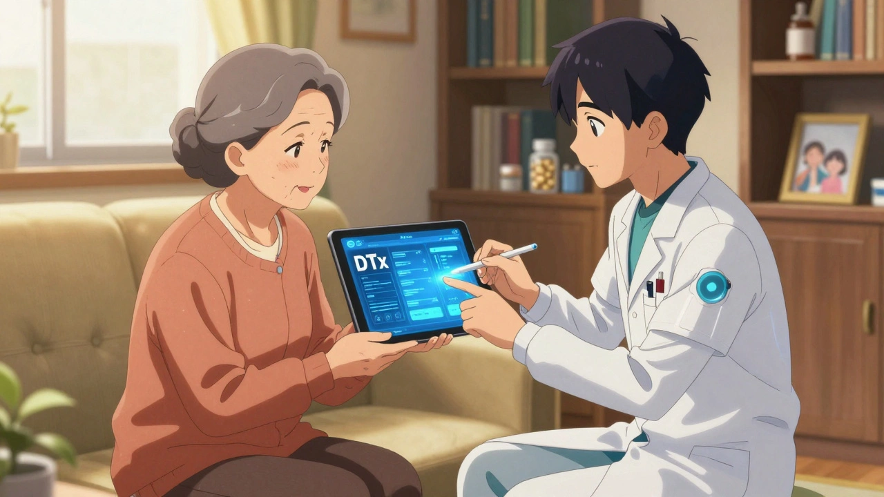 Elderly woman learning to use a digital therapy app with help from a young navigator in a warm home.