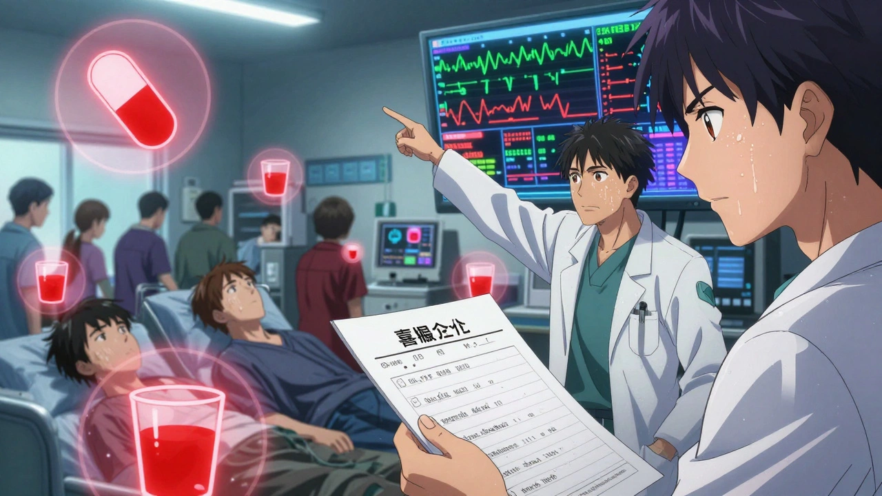 Emergency room with patients in crisis, floating warning symbols, doctor pointing at crashing vital signs.