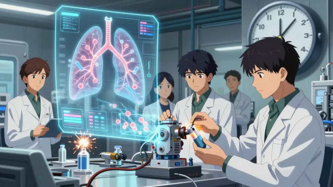 Engineers assemble a glowing drug-device inhaler in a high-tech lab with holographic schematics.