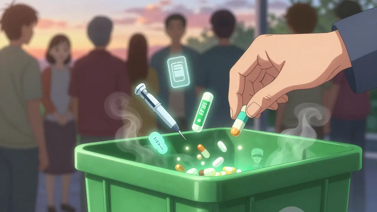 Hand dropping expired meds into a glowing pharmacy disposal bin, with medicine icons dissolving into light.
