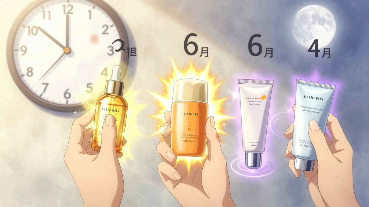 Hands applying skincare products with glowing auras, melasma fading over time in a morning routine.