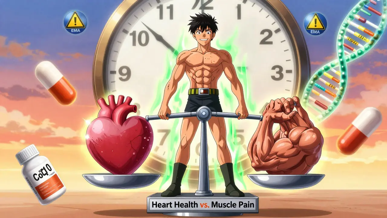 Hero balancing heart and muscle on a scale, surrounded by medical symbols and DNA helix, TSH at safe level under sunset.