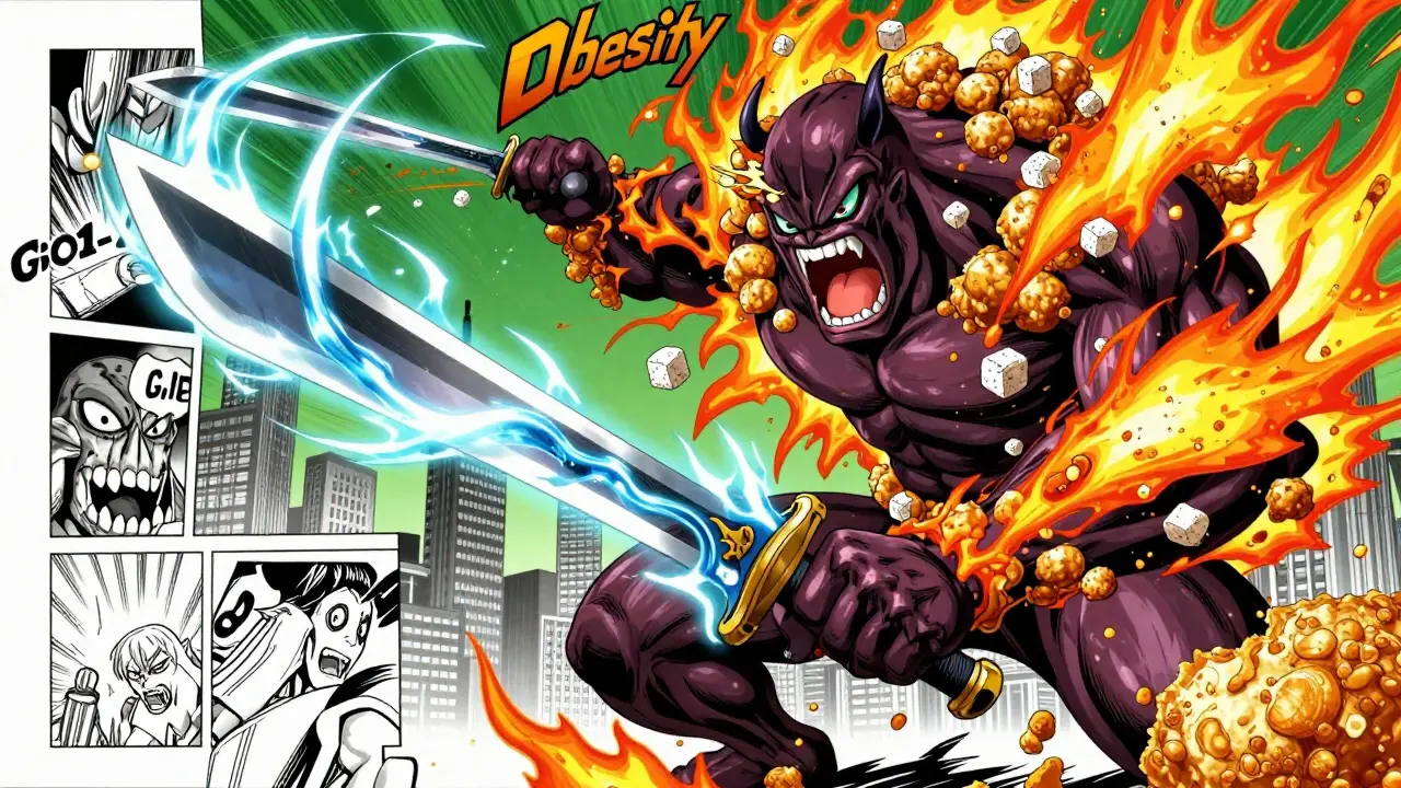 Hero battling a monstrous Obesity creature with a dual-hormone sword, surrounded by flames of fat-burning energy.