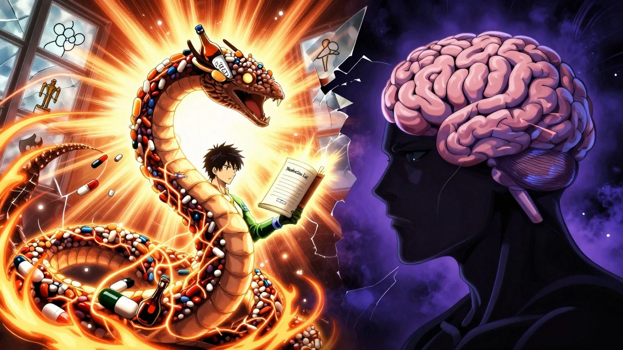 Hero battling pill-serpent inside brain, glowing medication list weapon, neural pathways cracking.