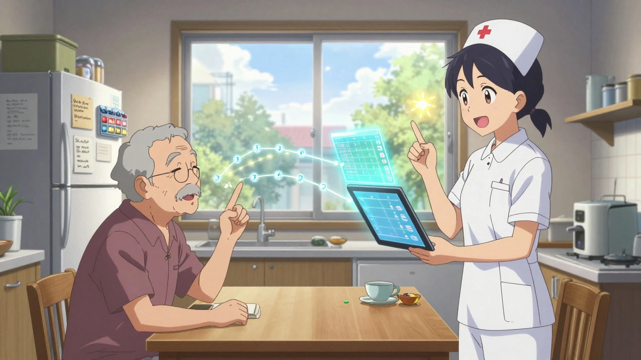 Home health nurse visits senior at home with holographic medication schedule on fridge