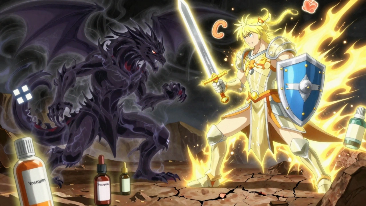 Melasma as a dark dragon battling a knight wielding vitamin C and zinc oxide on a skin battlefield.