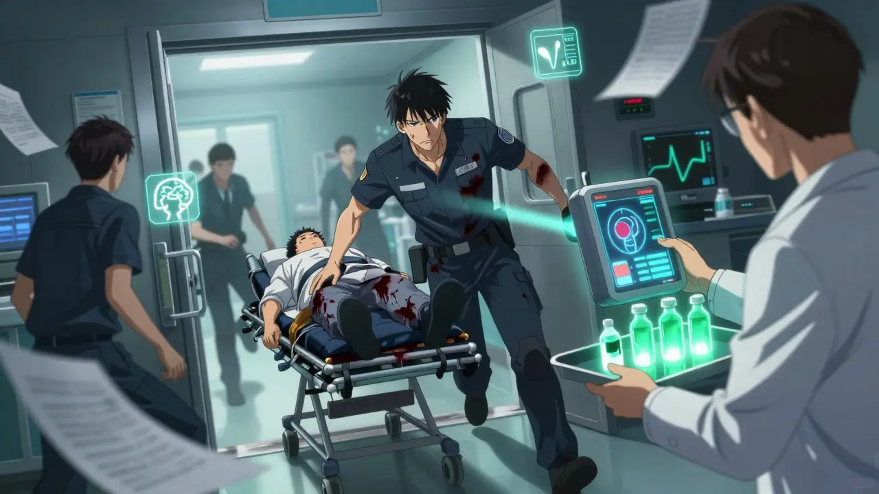 Paramedic rushing patient into ER, dark stool on stretcher, glowing medical icons floating around staff.