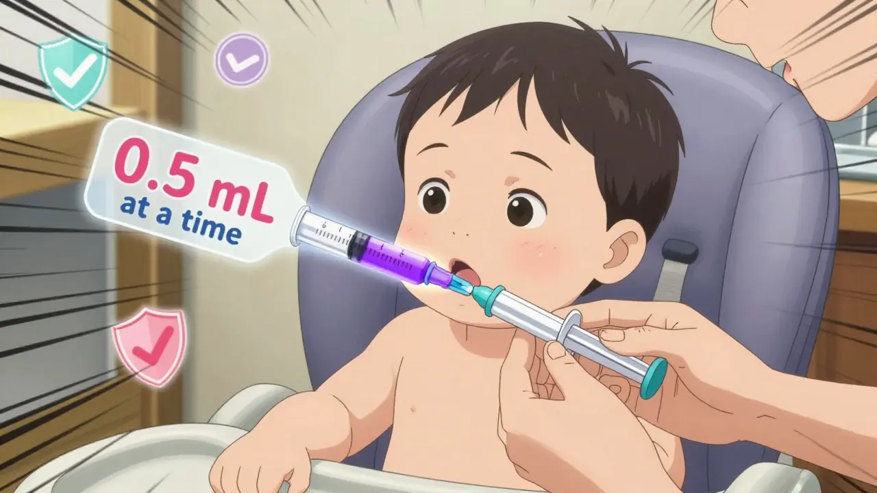 Parent slowly administering medicine to child via oral syringe placed between cheek and gum.