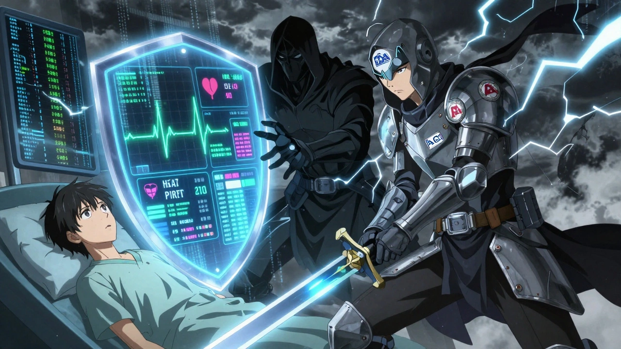 Patient&#039;s data shield fighting off a hacker entity in a digital realm, glowing with medical symbols.