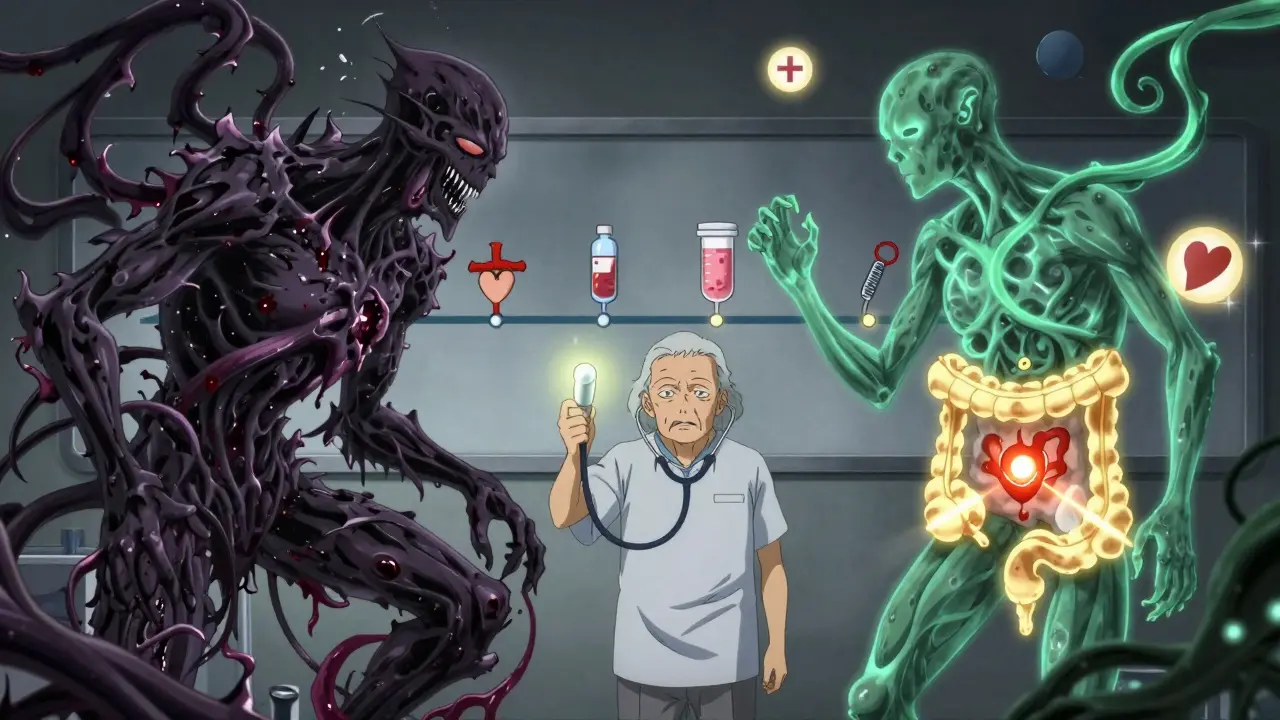 Patient standing between spectral diverticula and angiodysplasia spirits, symbolizing diagnosis and treatment.