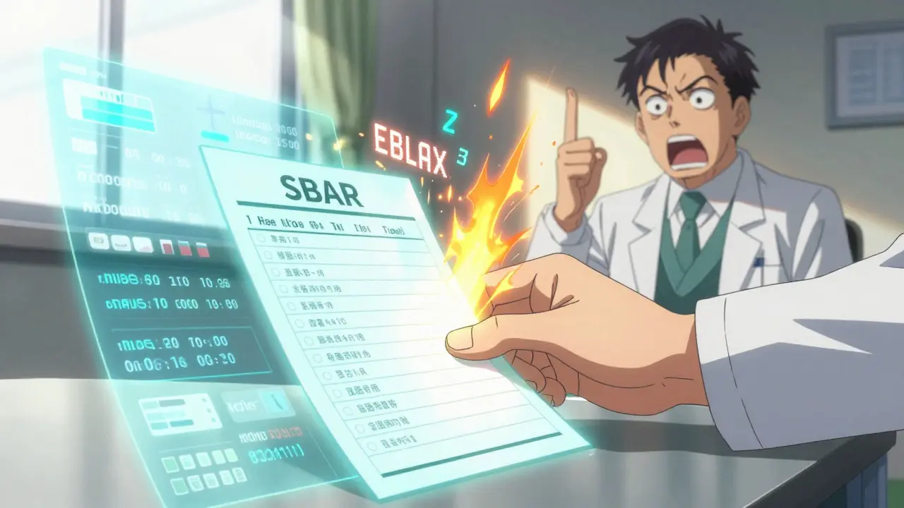 Pharmacist presents SBAR analysis with holographic patient data in a hospital setting