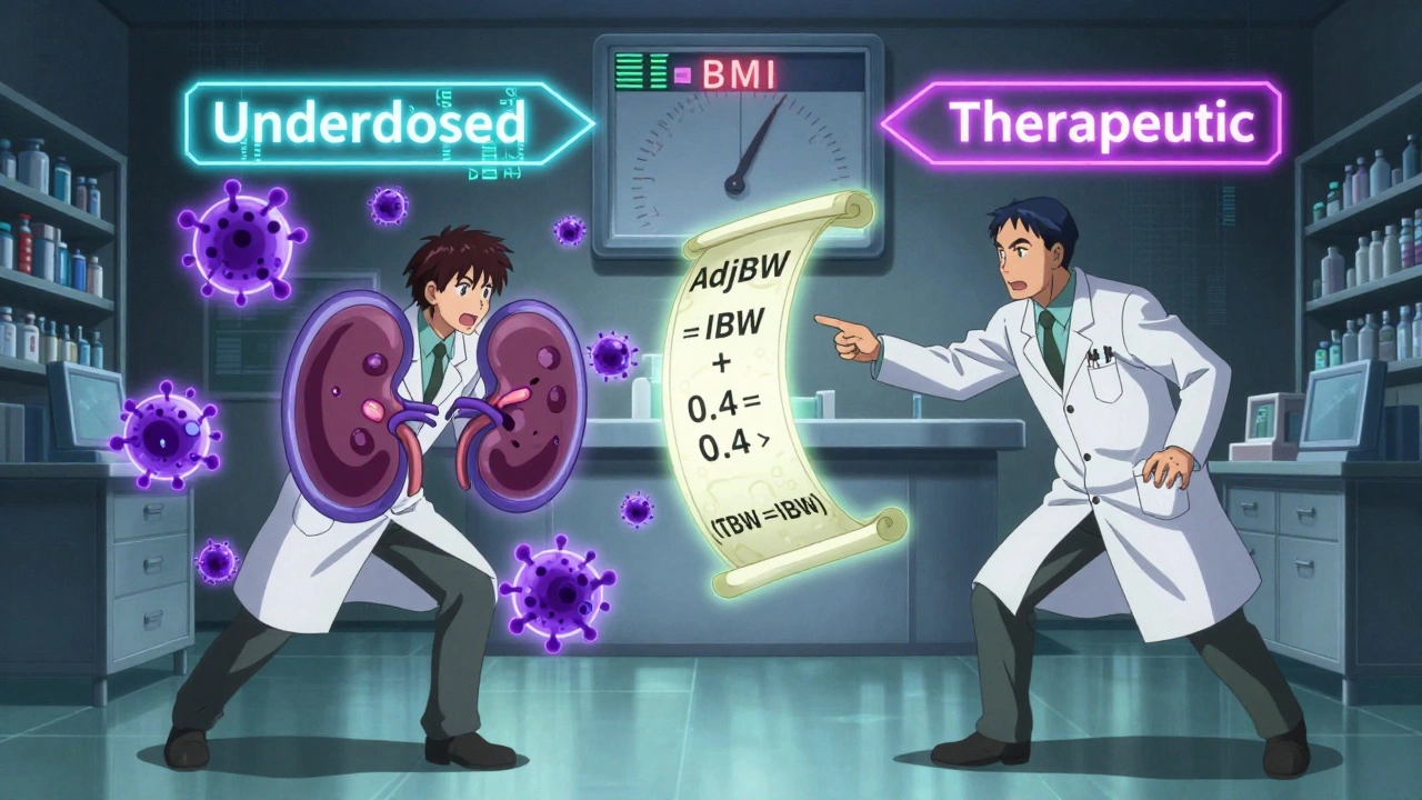 Pharmacists fighting toxic drug molecules with an Adjusted Body Weight formula in a glowing hospital scene.