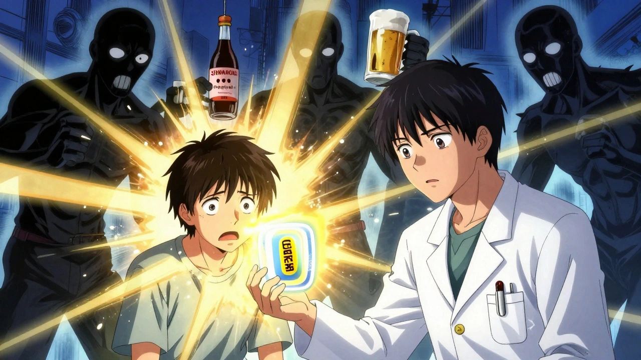 Psychiatrist gives protective patch to patient while dangerous drugs are sealed away by light barrier.