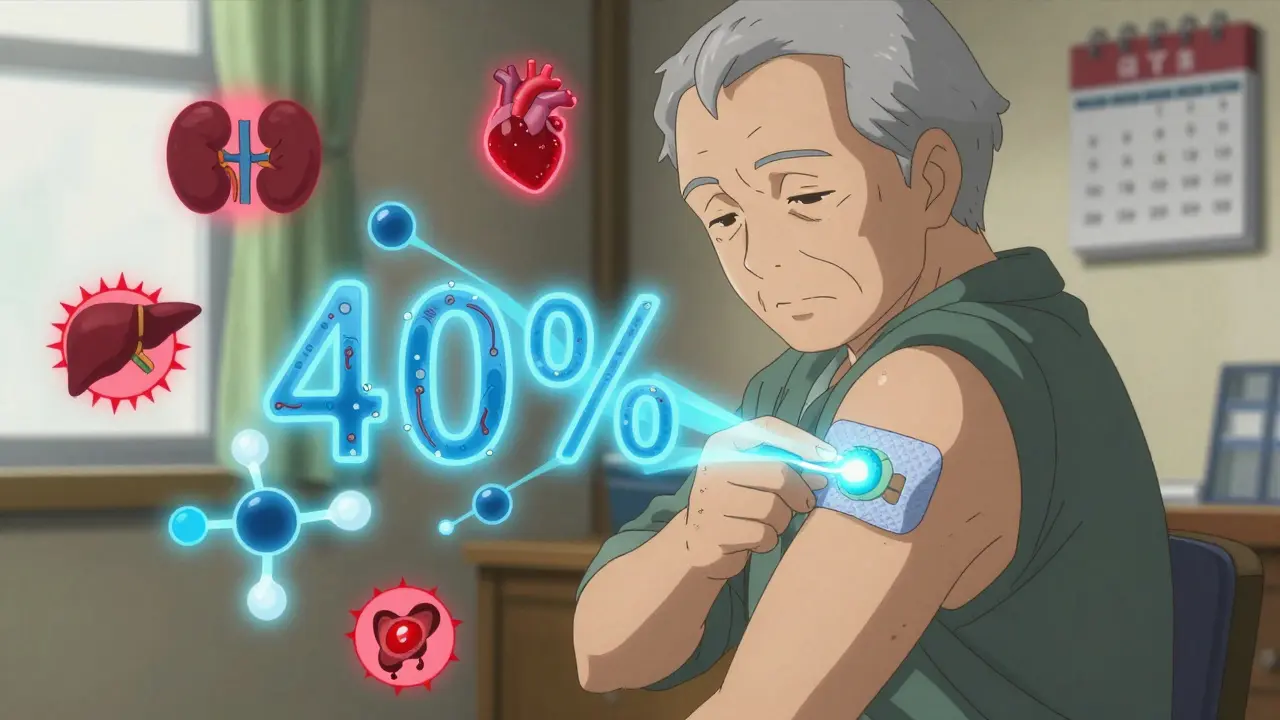 Senior placing transdermal patch on arm, blue drug streams entering bloodstream, warning icons nearby.