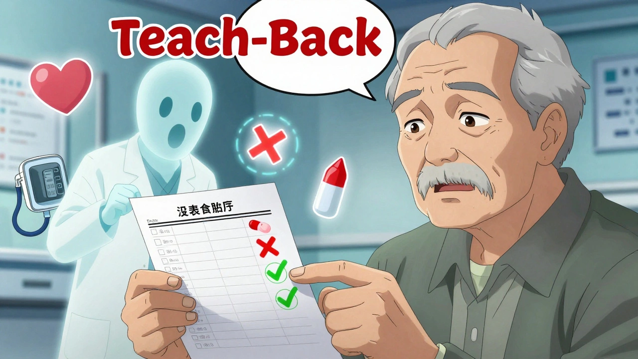 Senior reviewing medication list with animated pharmacist showing conflicting pills