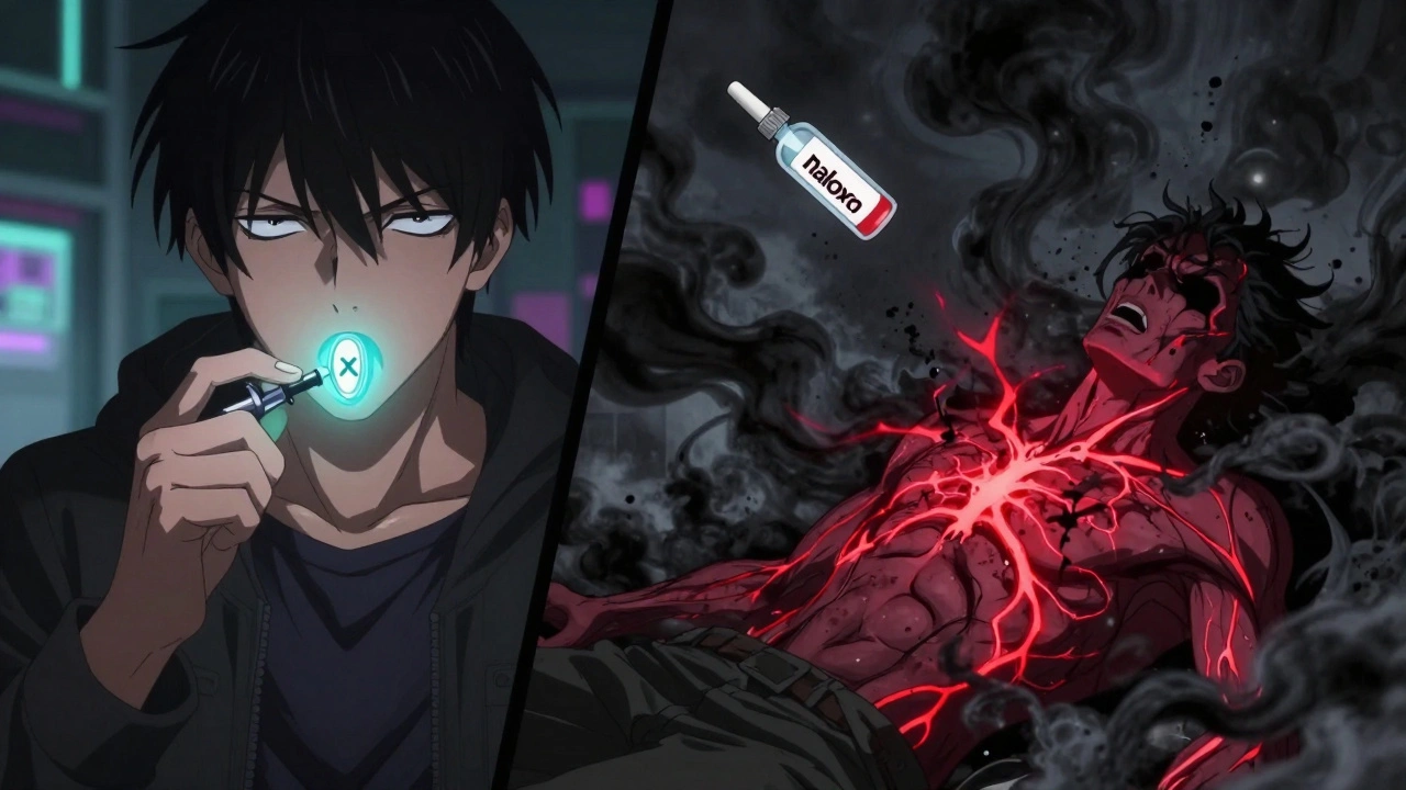 Someone collapsing after taking a fentanyl-laced pill, with dark smoke and a naloxone spray flying toward them.