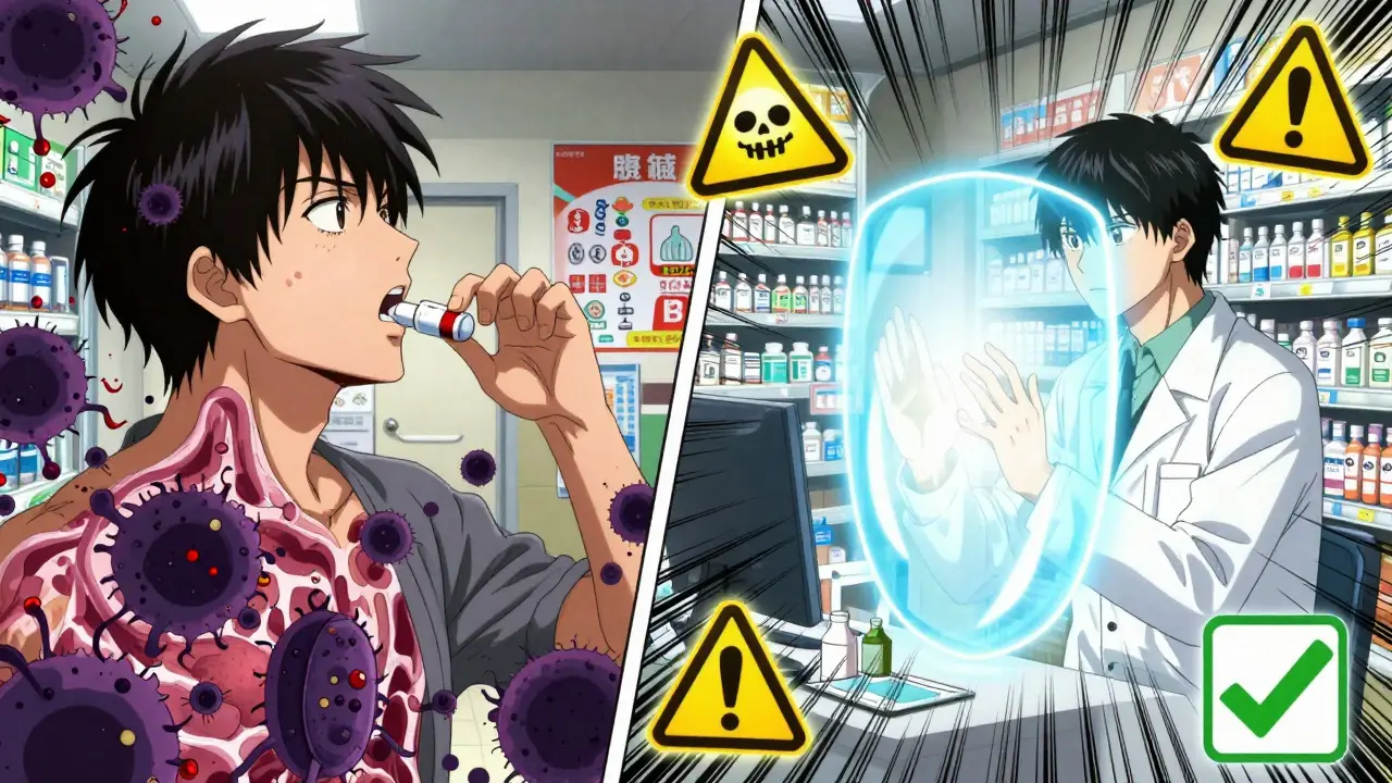 Split scene: expired antibiotics causing dangerous bacteria vs. safe pharmacist consultation with glowing safety symbols.