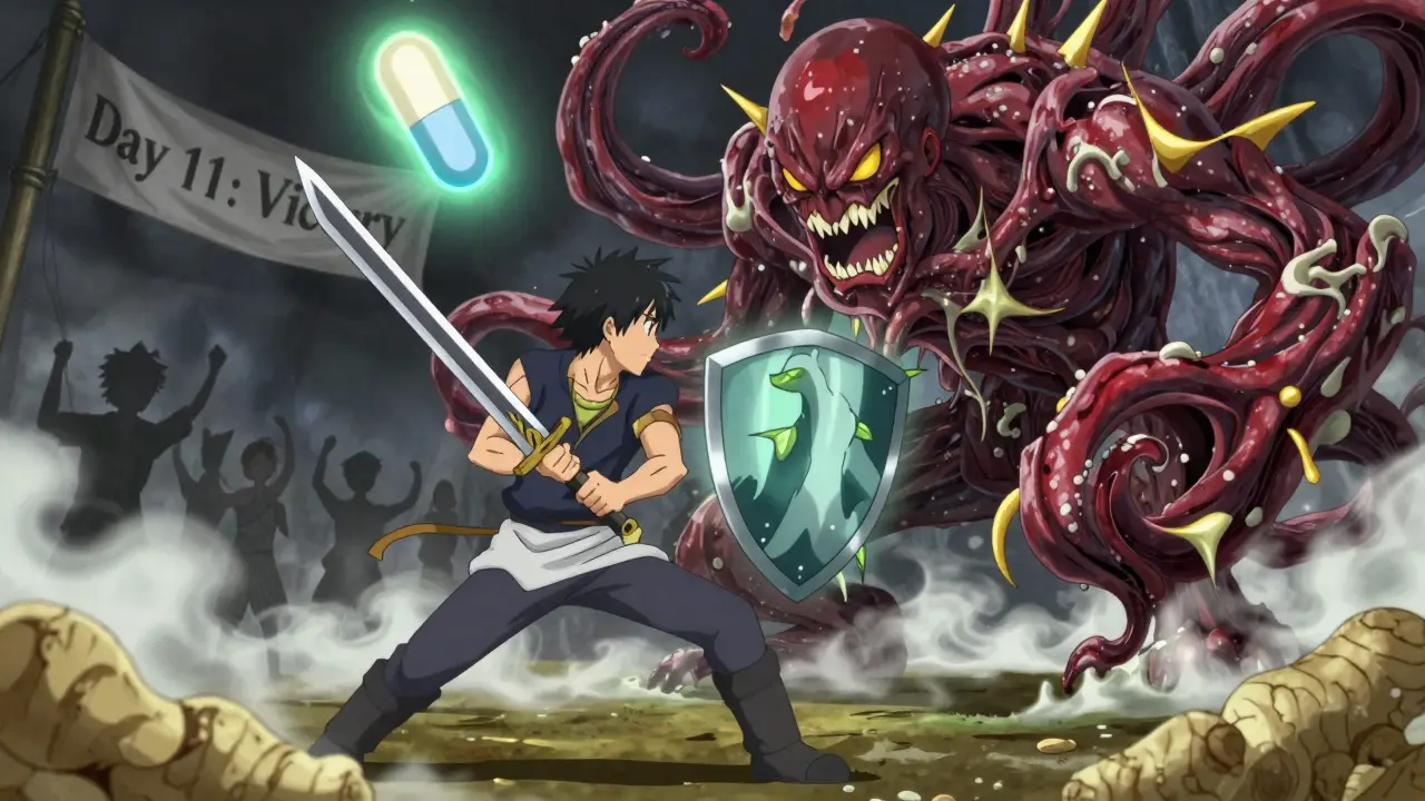 Symbolic battle inside body: protagonist fights nausea beast with ginger and peppermint, anime style