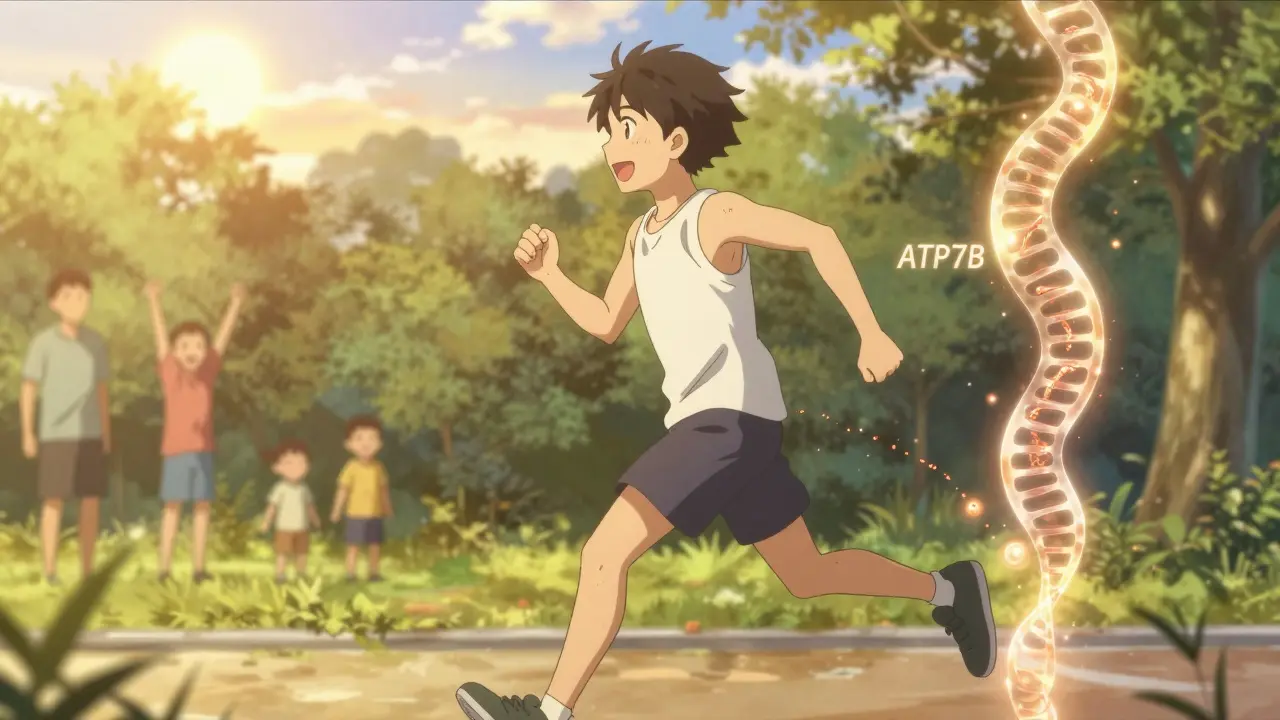 Teen running in sunlight as copper drains into urine spiral, ATP7B gene repairing behind.