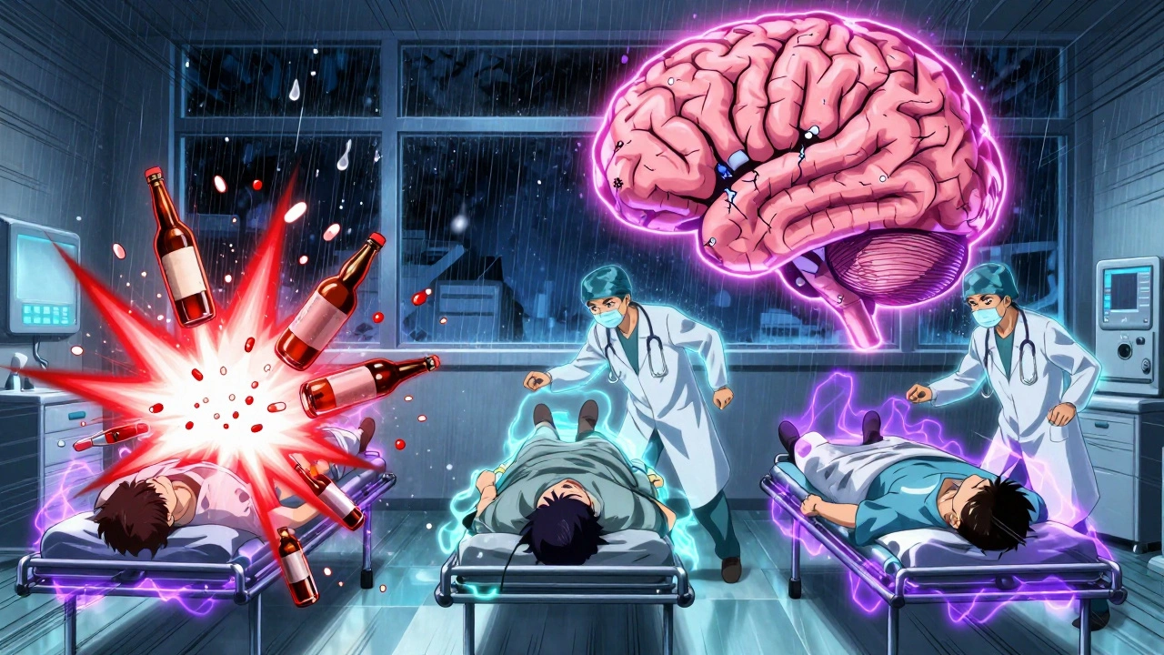 Three patients collapse in an ER as alcohol and pills explode in energy bursts, doctors rush in with glowing tools.