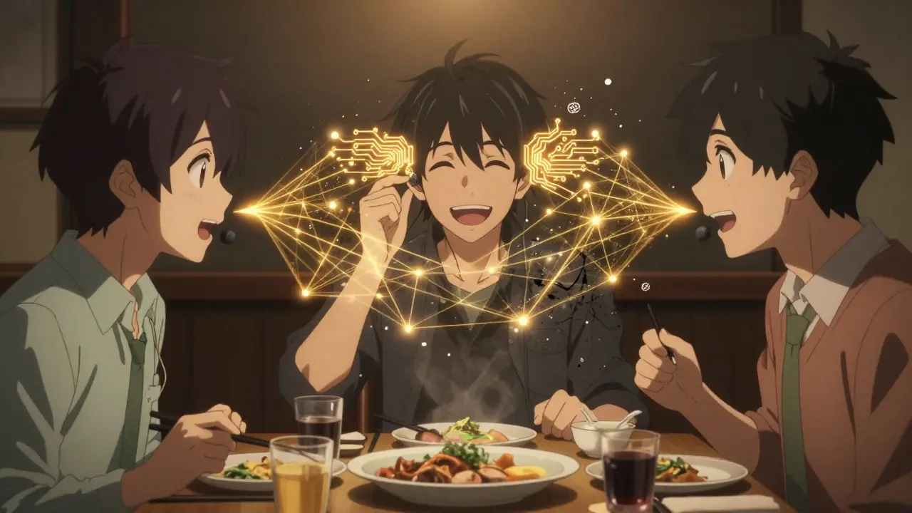 Three people speak with microphones at a dinner, their voices forming a golden sound network that overpowers background noise.