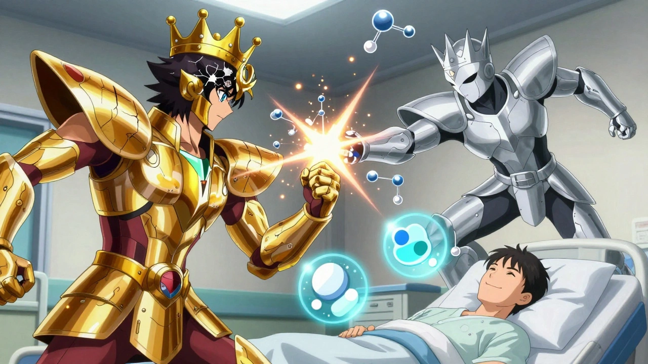 Two spectral drug fighters clash in battle, with the generic version defeating the branded one.