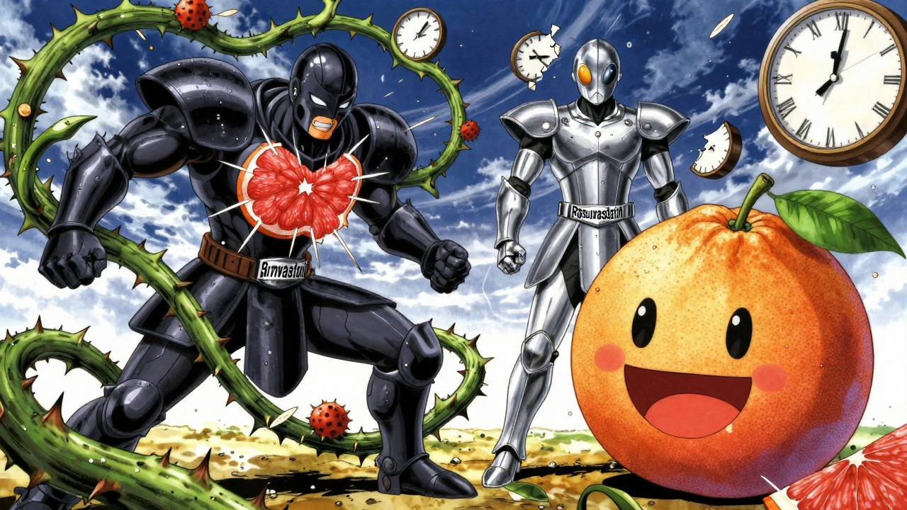 Two statin warriors in battle: one crushed by grapefruit vines, the other safe beside a harmless fruit.