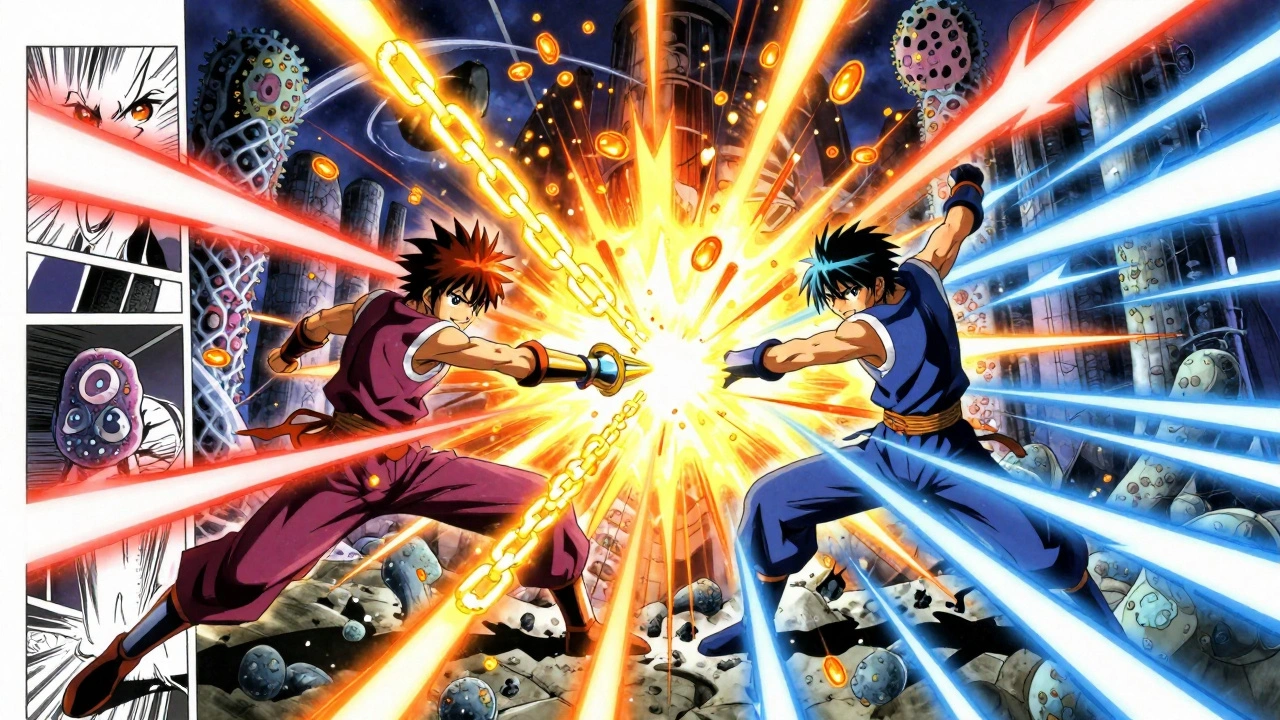 Two warriors combining powers to destroy a bacterial fortress with a unified energy blast, symbolizing drug synergy.