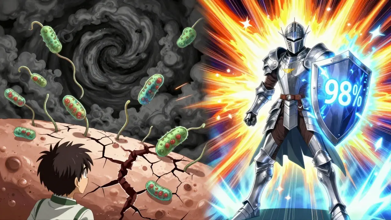 A battle between irritant monsters and a ceramide-armored knight repairing a cracked skin barrier.