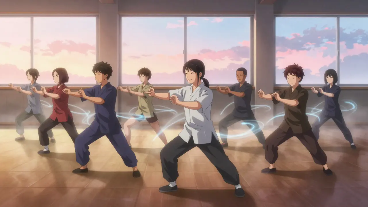 A group of people practicing tai chi together at dawn, connected by soft light trails, representing community and healing.