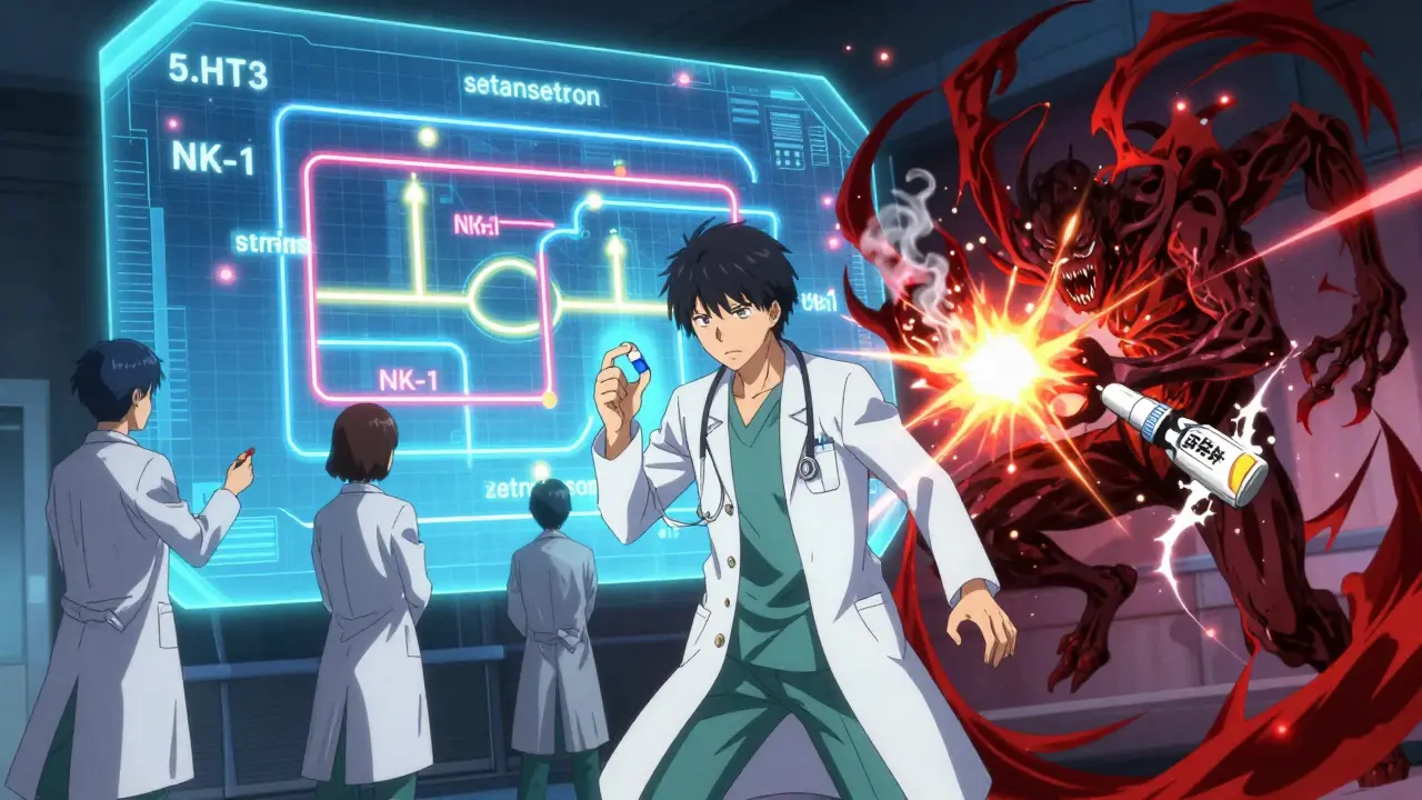 A hero holding a pill as glowing drug pathways battle a nausea demon in a medical hologram scene.