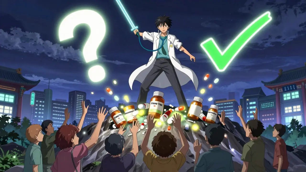 A heroic pharmacist defeats pill traps with a glowing stethoscope as combination pills rain down on grateful patients.