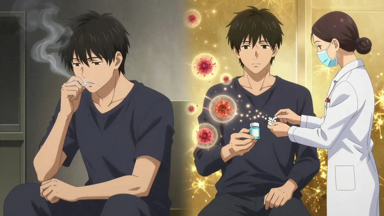 A man transforms from smoking in shadow to receiving targeted therapy pills, with cancer cells dissolving into light.