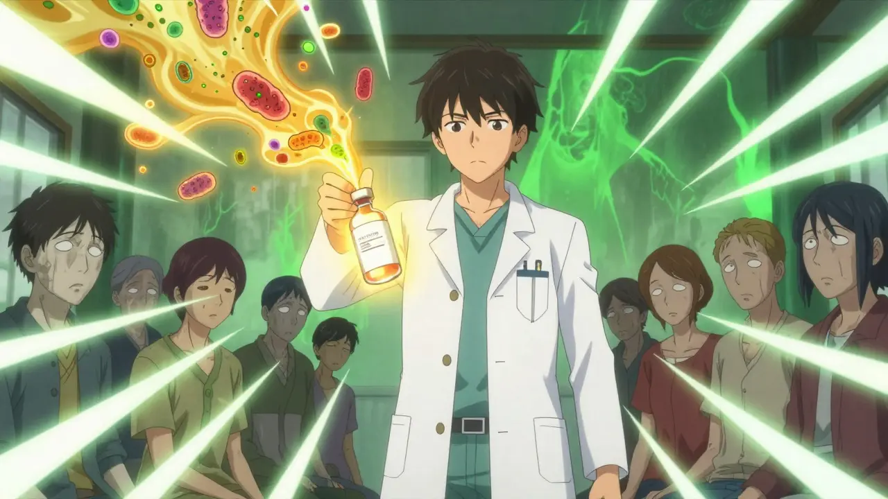 A medical hero releases healing bacteria from a glowing vial, restoring health to exhausted patients.