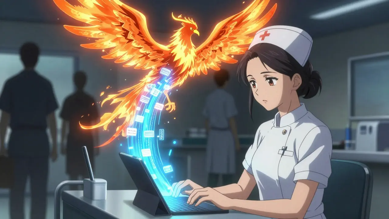 A nurse types as patient reports form a glowing phoenix rising from her tablet.