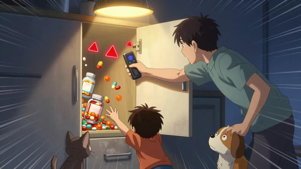 A parent locking high kitchen cabinets with a fingerprint scanner as pets watch below.