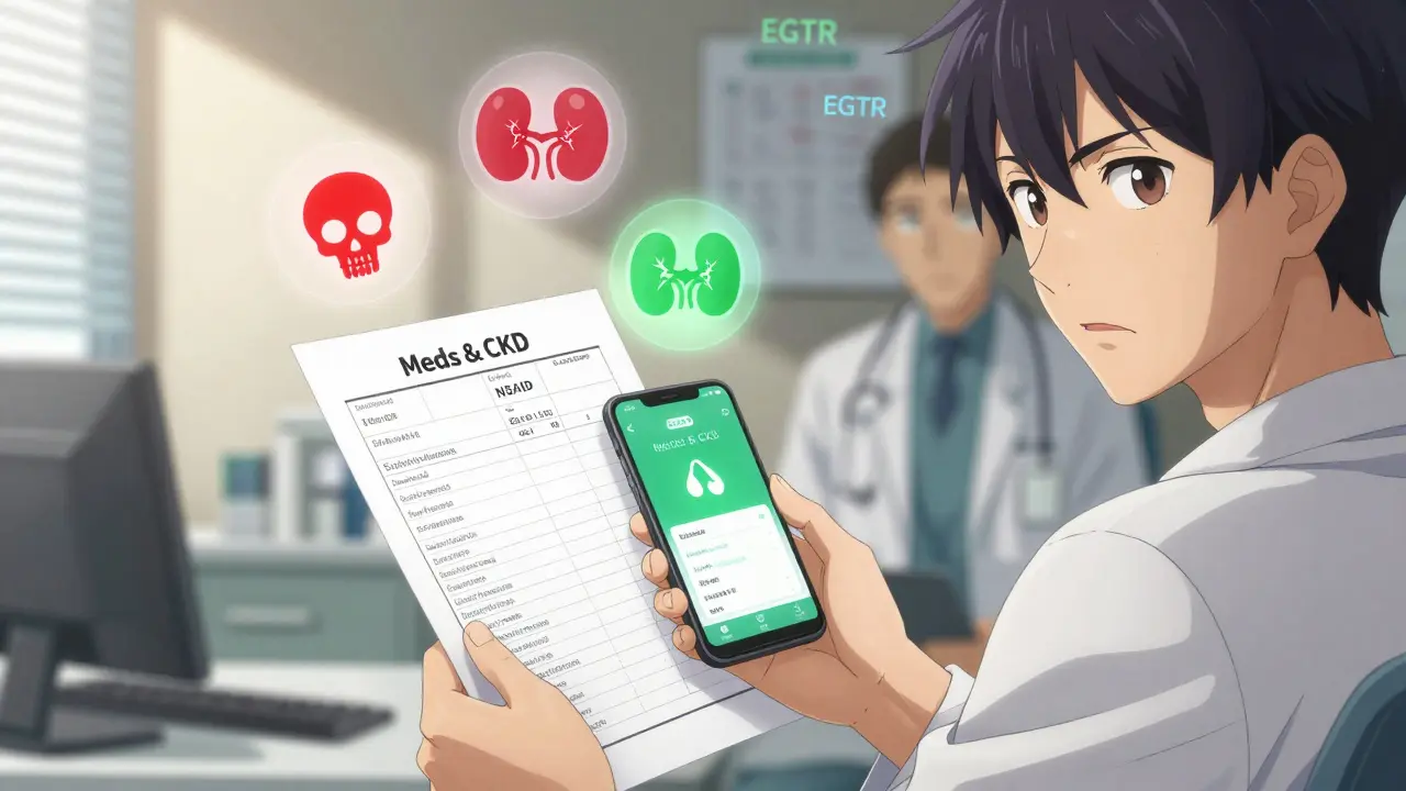 A patient confidently reviewing medications with a doctor, warning icons floating above dangerous drugs.