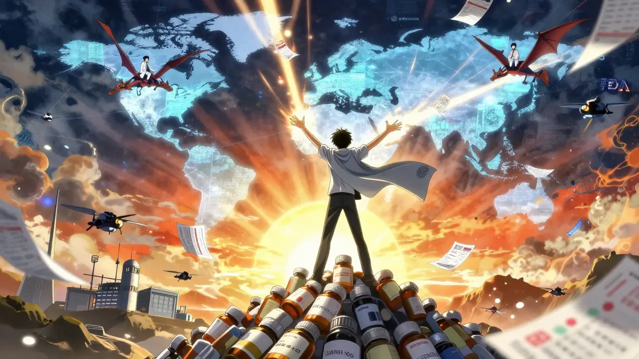 A patient sends a safety report into a vast digital network of medical data, with scientists riding data dragons.