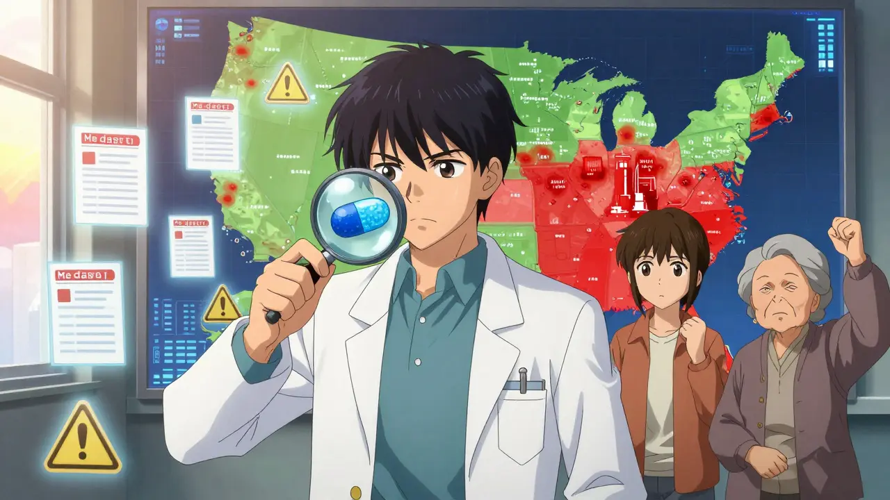 A pharmacist exposing a contaminated pill as digital warnings and global hotspots glow around them.