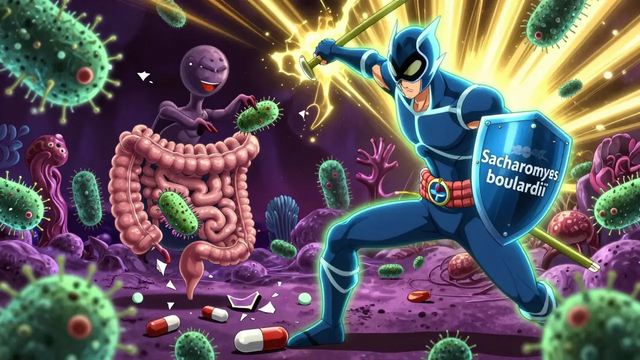 A probiotic warrior battles toxic C. diff bacteria inside a glowing human gut battlefield.