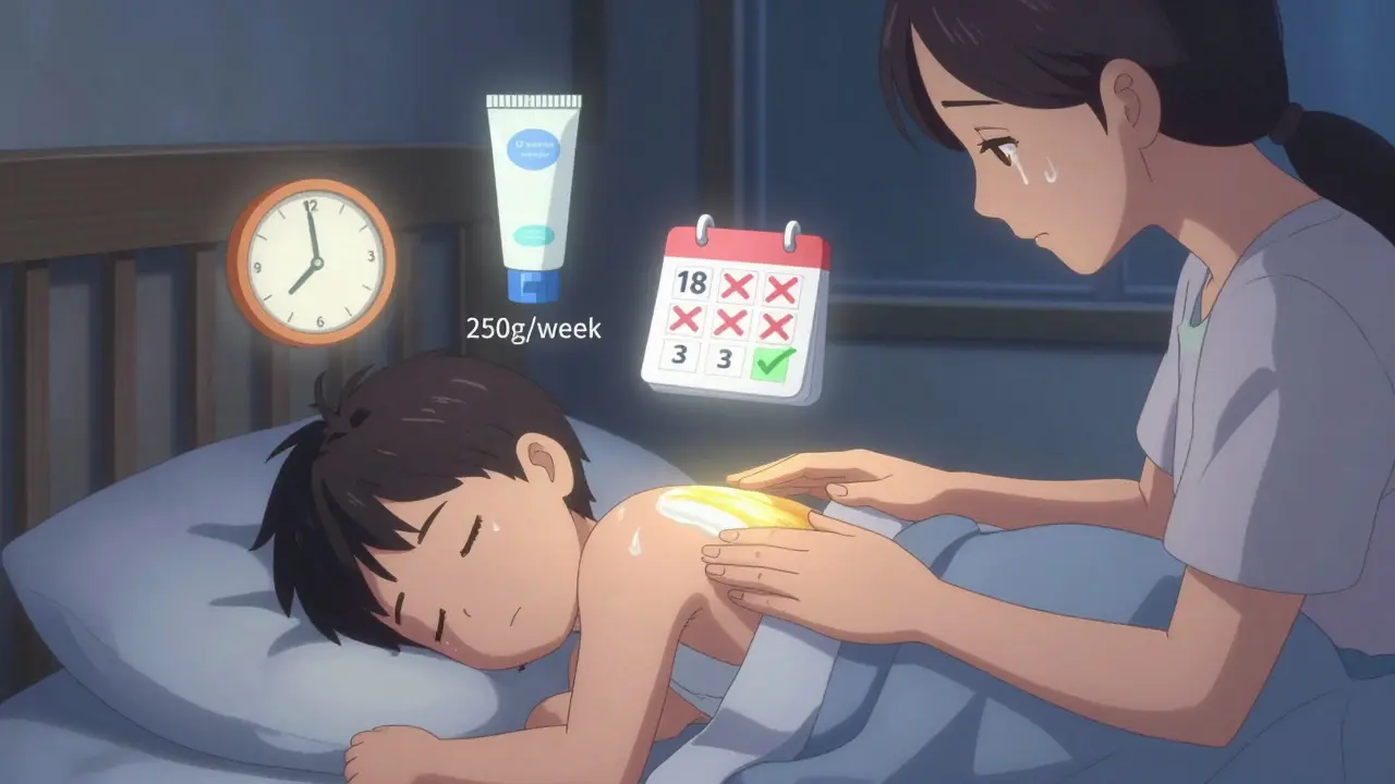 A sleeping boy with healed skin, parents applying emollient at night with glowing golden trails.