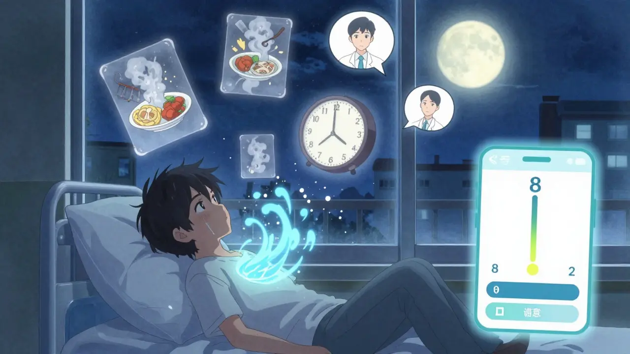 A teen breathing calmly at night as soothing waves and a nausea-tracking app dissolve painful memories.